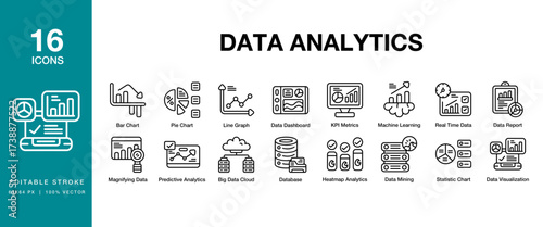 Data Analytics icon set. Includes analytics, data, digital, computer, analysis and More. Editable Stroke Icon Collection.