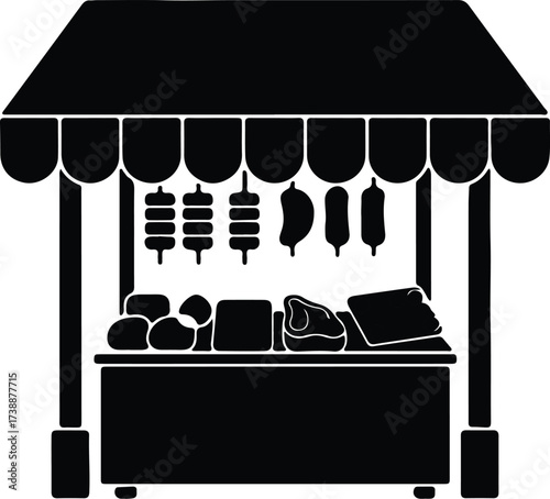 Vector silhouette meat market stand with shish kebab illustration
