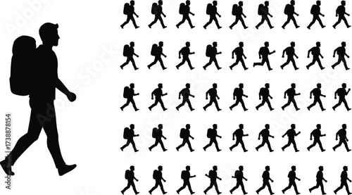 Silhouette hiking man with backpack walking sequence animation, outdoor trekking journey illustration, adventure traveler motion icons,camping exploration activity designSilhouette 