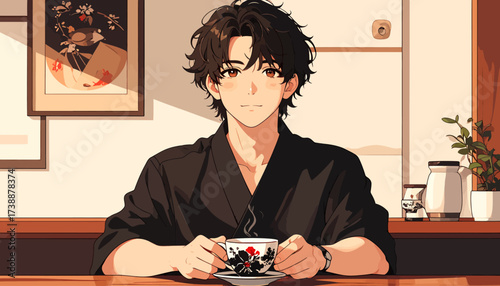 Anime-style man in kimono holding a tea cup at a table.