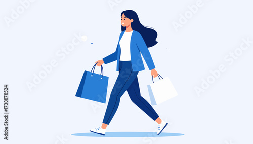 Woman walking with shopping bags in a flat vector illustration.