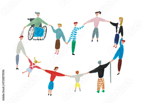 手描きイラスト　ハートの輪になって手をつなぐ車椅子女性と杖を持った男性と人々	