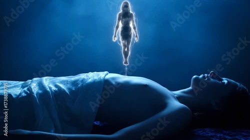 Soul leaving body. Woman's spirit rising from dead or dying physical body. Out of body experience. Spiritual journey and afterlife concept.