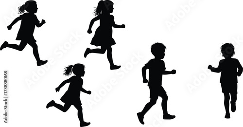Silhouette of children running, kids playing outdoors, active boys and girls, fitness activity, sport fun, movement design, healthy childhood lifestyle illustration
