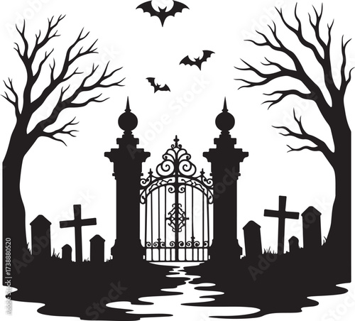 Black silhouette of spooky cemetery gate with bats and trees