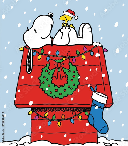Snoopy and Woodstock Christmas Doghouse with Lights and Wreath Graphic