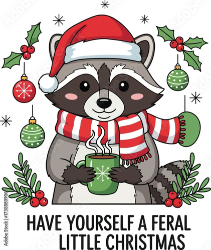 Cute Raccoon with Santa Hat and Hot Cocoa Pun T-Shirt Design