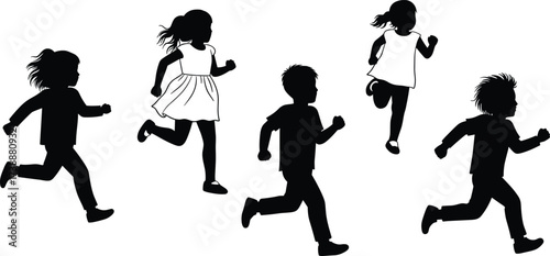 Silhouette of children running, kids playing outdoors, active boys and girls, healthy lifestyle, fun sport activity, childhood exercise, movement design illustration