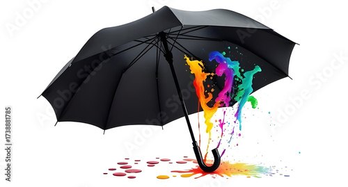 A black, open umbrella stands on a white background, with vibrant, splashing rainbow-colored paint dripping from its center pole and pooling below. © imageridha