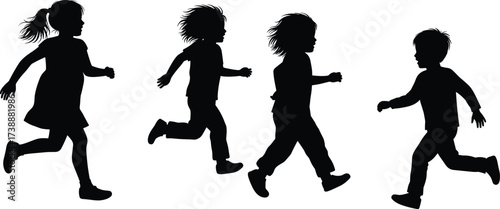 Silhouette of children running, kids playing, active boys and girls, outdoor fun, childhood activity, fitness movement, sport exercise, vector illustration design