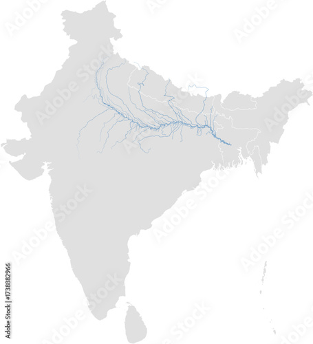 Ganges river system – rivers vector map of India highlighting main stem, primary and secondary tributaries (Web Mercator, scaled by river size, PPT-compatible, multi-layered & fully editable)