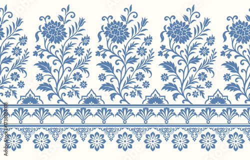 floral pattern vintage ethnic modern embroidery texture boho design vector illustration hand drawn pink flower motif branches leaves wallpaper seamless background border.	
