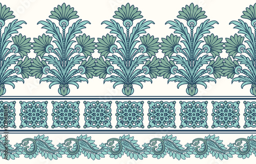 floral pattern vintage ethnic modern embroidery texture boho design vector illustration hand drawn pink flower motif branches leaves wallpaper seamless background border.	
