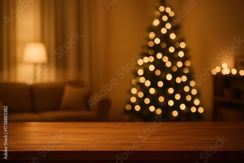 Warm wooden tabletop before glowing holiday tree cozy room bokeh festive backdrop