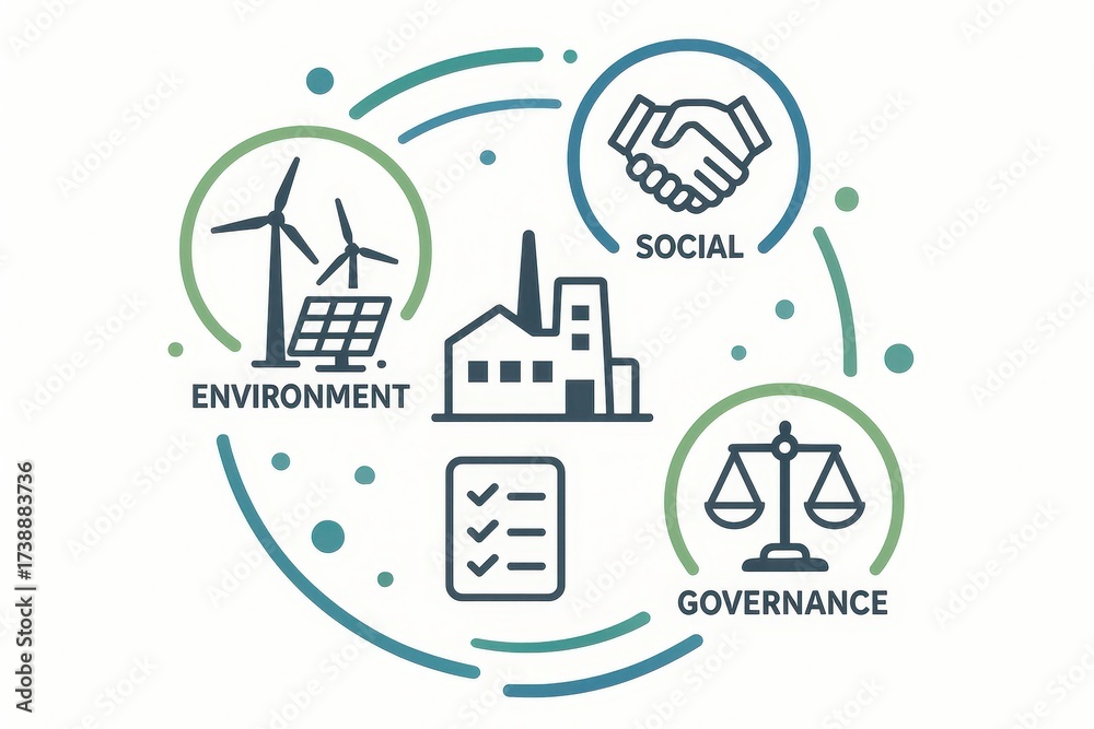 Obraz premium ESG sustainability concept clean energy industry governance icons in balanced composition