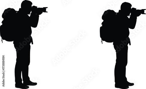 Silhouette of two photographers with backpacks holding cameras, outdoor hiking adventure, nature exploration, wilderness travel photography, professional journey capture.
