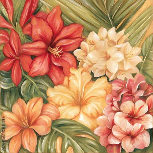 Vibrant Tropical Flowers Painting, Hibiscus, Amaryllis, Hydrangea Artwork