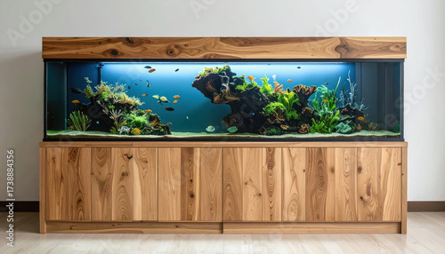 A beautiful fish tank displayed in a wooden cabinet adding a touch of elegance to any room with space for text