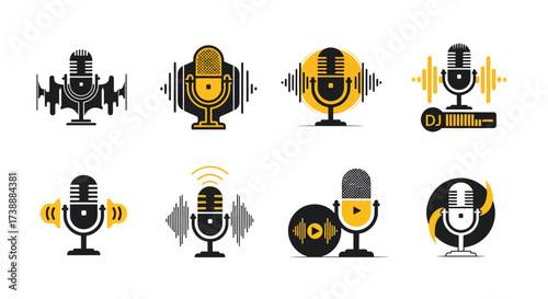 Podcast Microphone Logos Set Audio Recording and Broadcasting Designs.