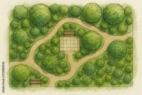 Watercolor garden masterplan with textured tree canopies and hand drawn architectural paths
