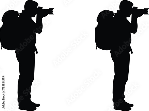 Silhouette of two travelers holding cameras with backpacks, outdoor adventure concept, nature exploration, professional hiking photography, wilderness journey capture.