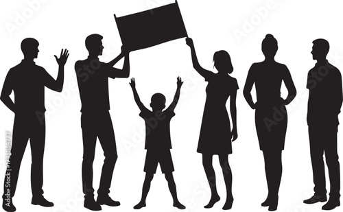 Group of diverse people silhouettes holding a blank flag