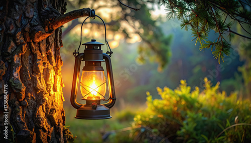 A single camp lantern gracefully hanging from a tree branch surrounded by nature and copy space for text