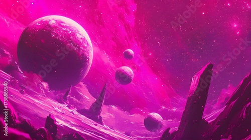 Magenta planetary landscape, stars in pink space, ethereal alien world art