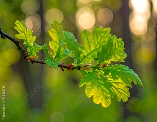 Fresh Green Oak Leaves on Branch.