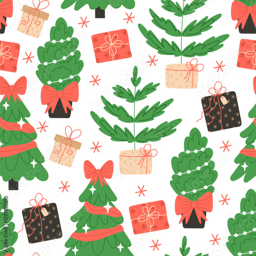 Seamless pattern of Christmas trees and gifts on white background