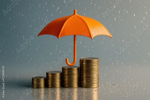 Orange umbrella sheltering coin stacks from rain symbol of savings growth and safety