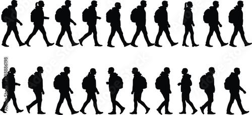 Silhouette people walking with backpacks, group travelers vector, hiking trekking outdoor design, journey adventure illustration, nature exploration walking trip artwork