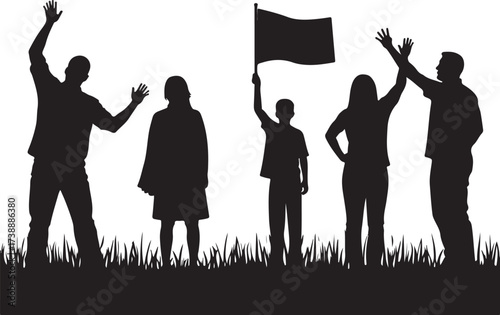 Group of people silhouettes raising hands and holding flag