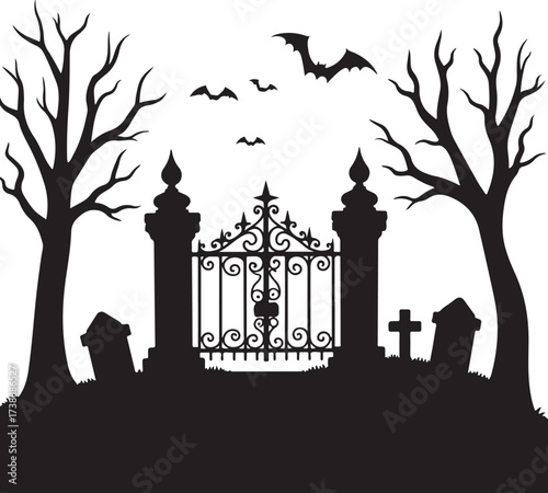 Halloween cemetery gate with bare trees and bats graveyard