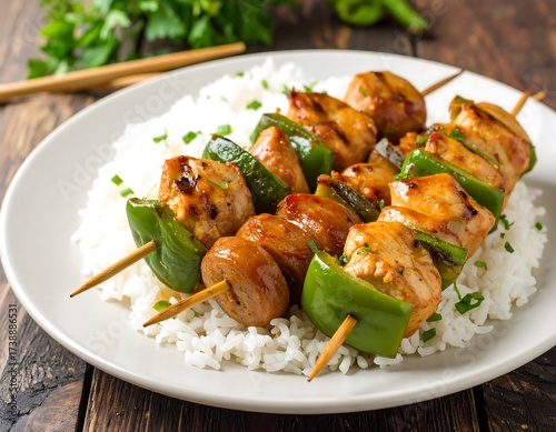 Grilled Chicken and Vegetable Skewers with Rice.