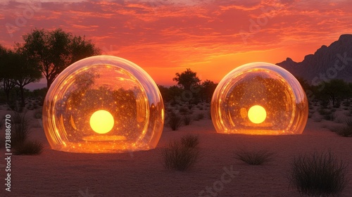 Golden Spheres Glowing at Sunset in Arid Landscape with Trees and Mountains Under a Vibrant Orange Sky at Dusk in Rural Setting