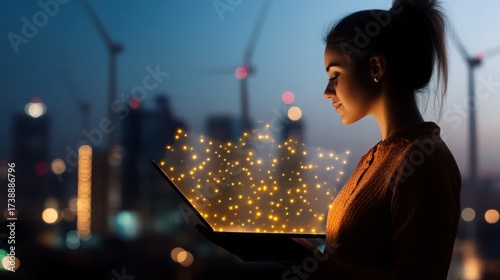 Woman Holding Laptop Projecting Golden Light Overlooking Cityscape and Distant Wind Turbines at Twilight in Modern Yellow Blouse with Soft Lighting