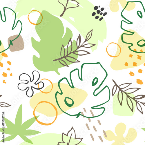 Seamless pattern of abstract leaves branches circles and dots