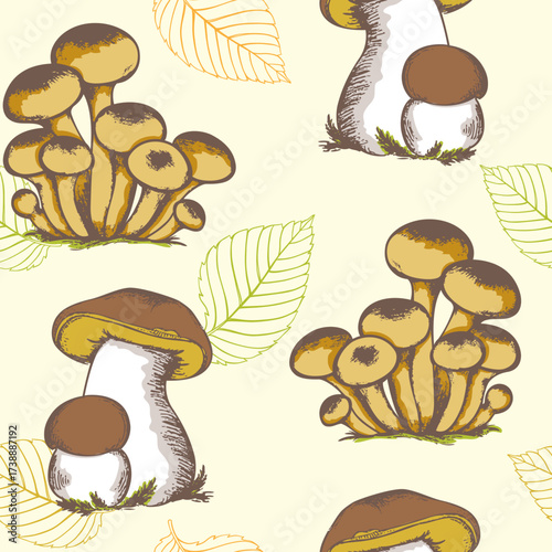 Seamless pattern of assorted mushrooms and leaves
