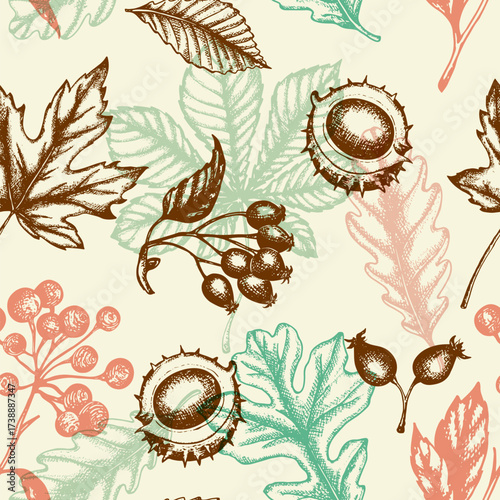 Seamless pattern of autumn leaves berries and chestnuts in a sketch style