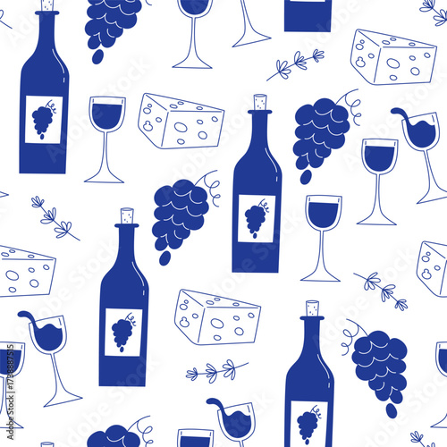 Seamless pattern of blue wine bottles grapes cheese glasses and herbs