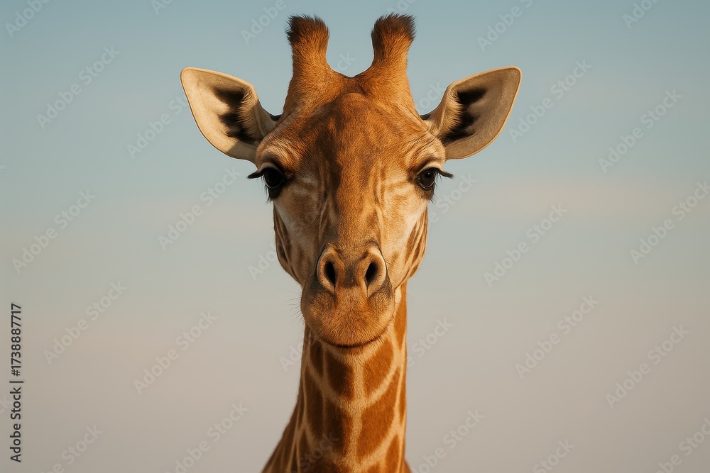 Fototapeta premium Giraffe portrait facing camera with soft sky backdrop and warm golden savanna light