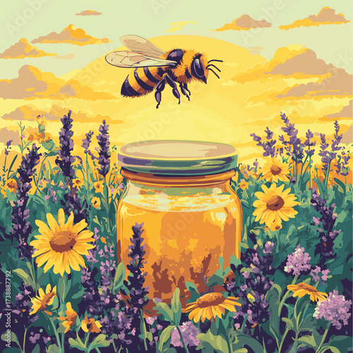 A bee hovers gracefully over a jar of honey, set in the heart of a vibrant, sunlit field filled with wildflowers, blooming sunflowers, and fragrant lavender