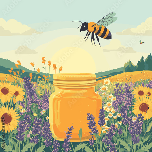 A bee hovers gracefully over a jar of honey, set in the heart of a vibrant, sunlit field filled with wildflowers, blooming sunflowers, and fragrant lavender