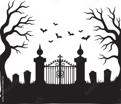 Halloween cemetery gate with bats and bare trees vector
