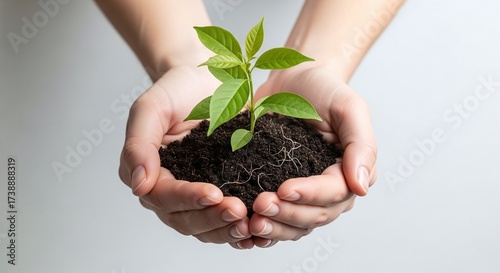 Caring Hands Holding Soil and a Young Seedling, Symbolizing Growth, Sustainability, Nature, New Life Together