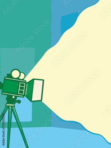 Vintage Film Camera Projecting Bright Cinematic Light Beam on Blue Background Illustration