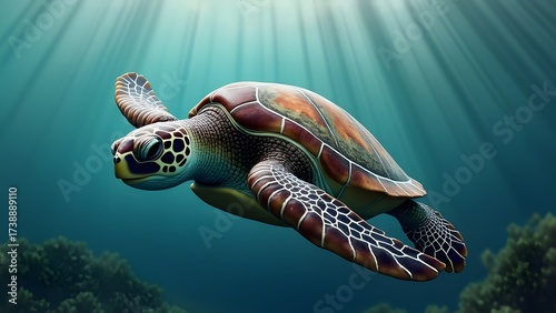 Stunning Sea Turtle Underwater Scene, Ocean Wildlife, Marine Life