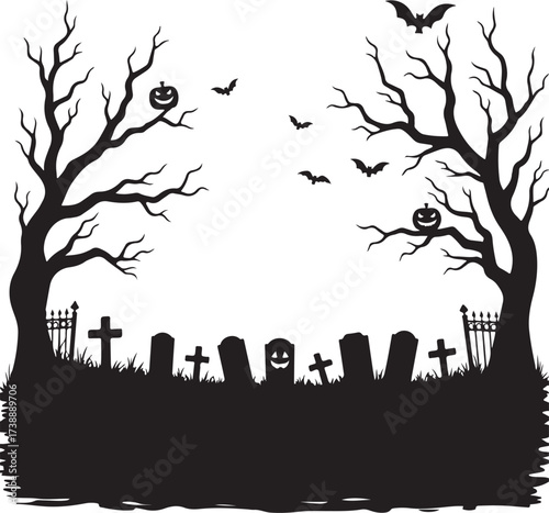 Halloween cemetery scene with bare trees and flying bats