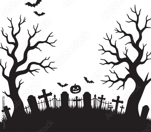 Halloween cemetery scene with bare trees bats and pumpkin